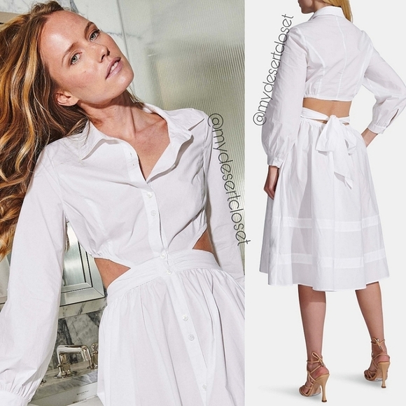 Toccin White Cut Out with Tie Back Side Pockets Flowy Hem Midi Shirt Dress